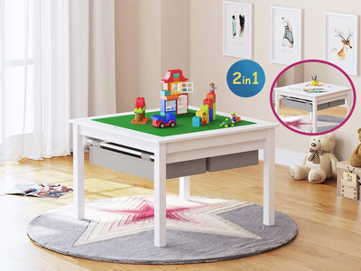 UTEX 2 in 1 Kids Construction Play Table with Storage Drawers and Built in Plate (White)