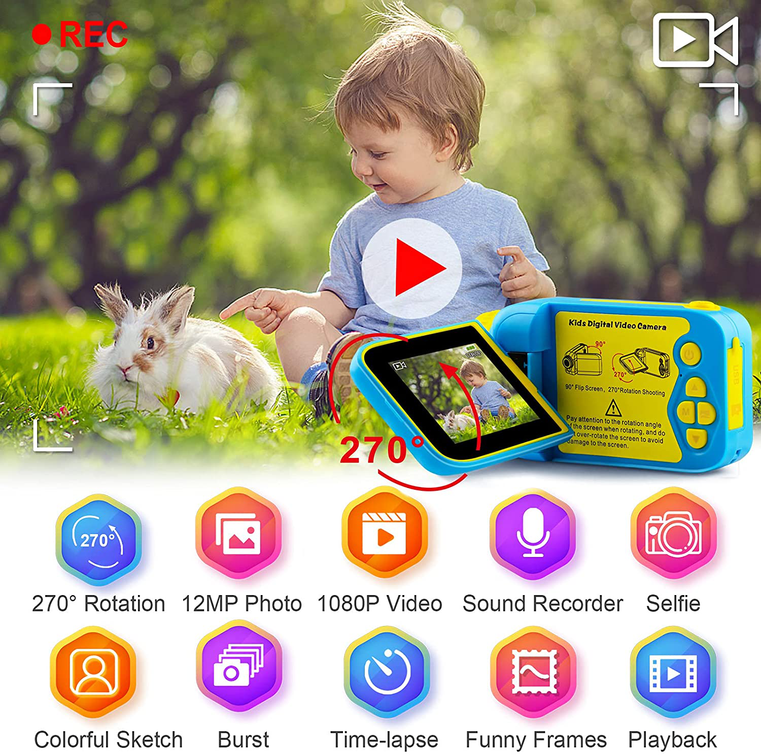 Kids Video Camera Boys Camcorder - Rotation Screen 270° Children Camera 3 4 5 6 7 8 9 Years Old Toy Gift Boys Birthday Holiday Kids Camcorder Beginner Photographer Kids Digital Camera 1080P 12MP 2.4"