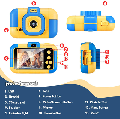 SUZIYO Kids Camera, Digital Video Camcorder Dual Lens 1080P 2.4 Inch Hd,Best Birthday Electronic Toys Gifts for Toddlers Age 3-10 Years Old Boys Grils Children (With 32G Micro SD Card,Blue)