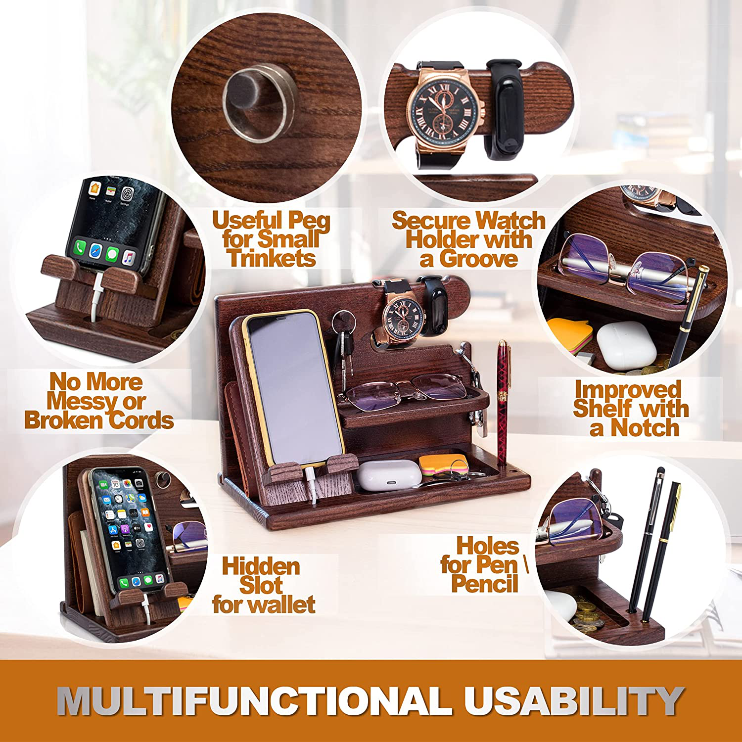 TESLYAR Wood Phone Docking Station Ash Key Holder Wallet Stand Watch Organizer Men Gift Husband Wife Anniversary Dad Birthday Nightstand Purse Father Graduation Male Travel Idea Gadgets