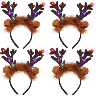 4Pcs Light-Up Christmas Reindeer Headband, Christmas Headbands for Christmas Supplies and Holiday Parties Favors (ONE SIZE FITS ALL)