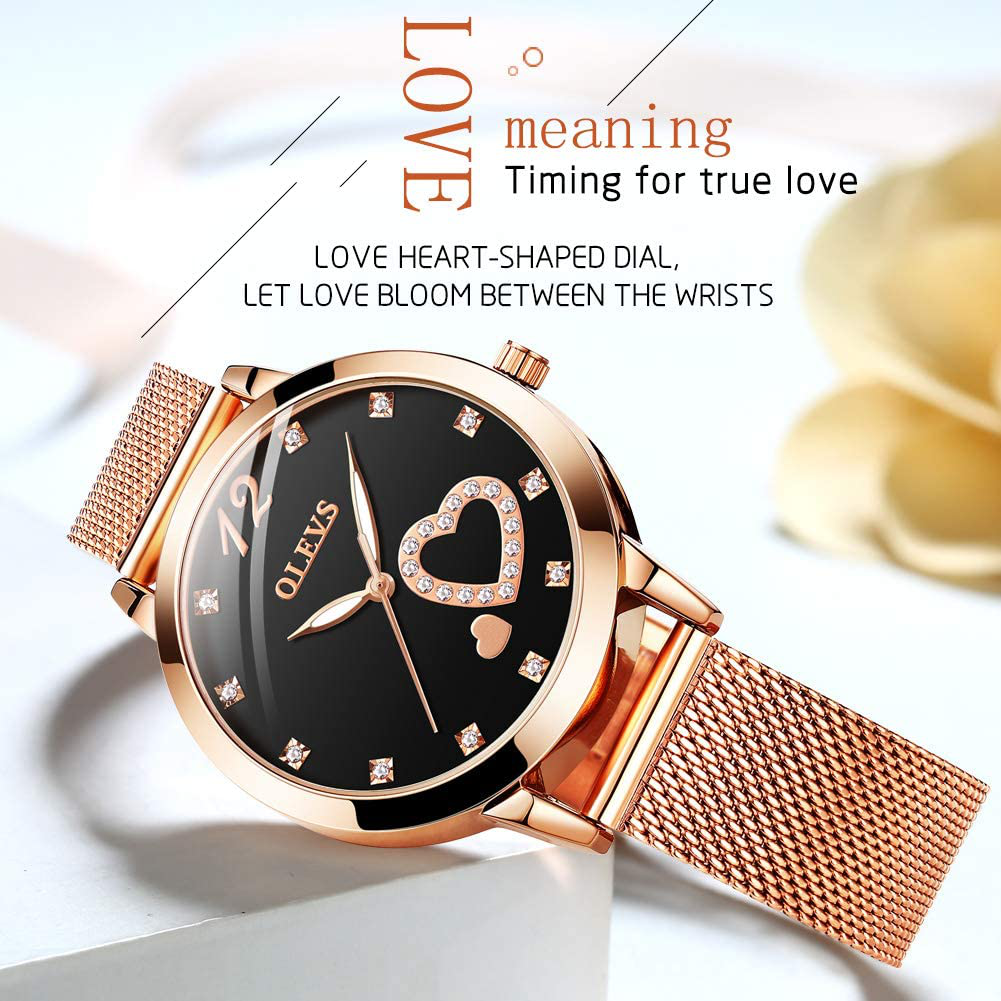 OLEVS Women'S Rose Gold Watches Heart Diamond Japanese Quartz Movement Girls Ladies Wristwatch Big Face Waterproof Mesh Belt Watch and Bracelet Set Valentines Day Gifts