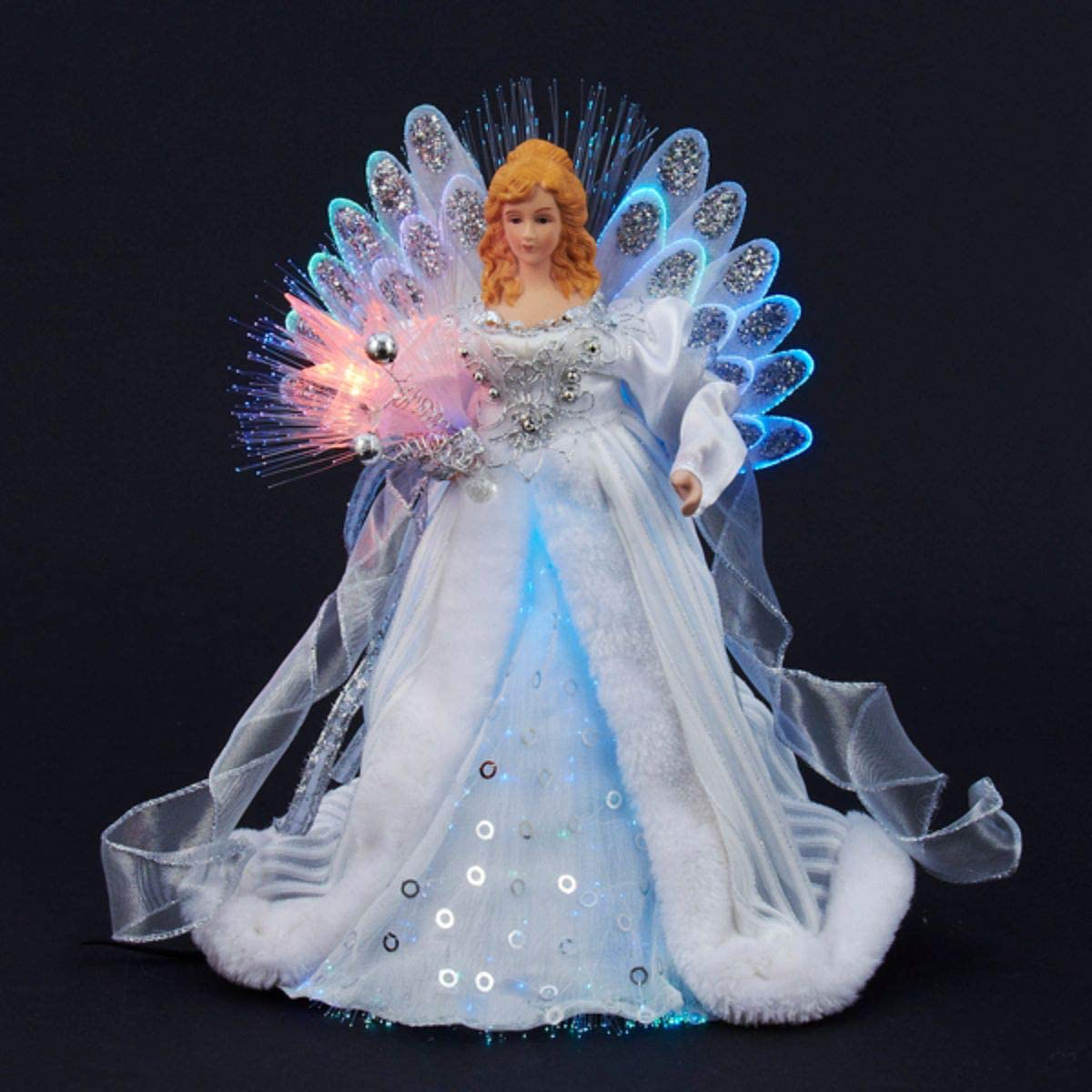 KSA 12 Elegant Silver and White LED Light Fiber Optic Angel Christmas Tree Topper