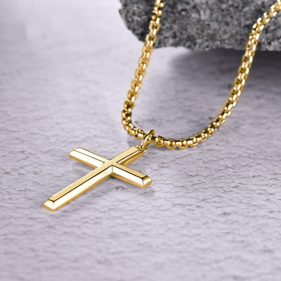 FANCIME Yellow/White Gold Plated 925 Solid Sterling Silver Polished Big Beveled Edge Men'S Crucifix Cross Pendant Long Necklace Fine Jewelry for Men Boys, with Strong Stainless Steel Box Chain Length 24 Inch