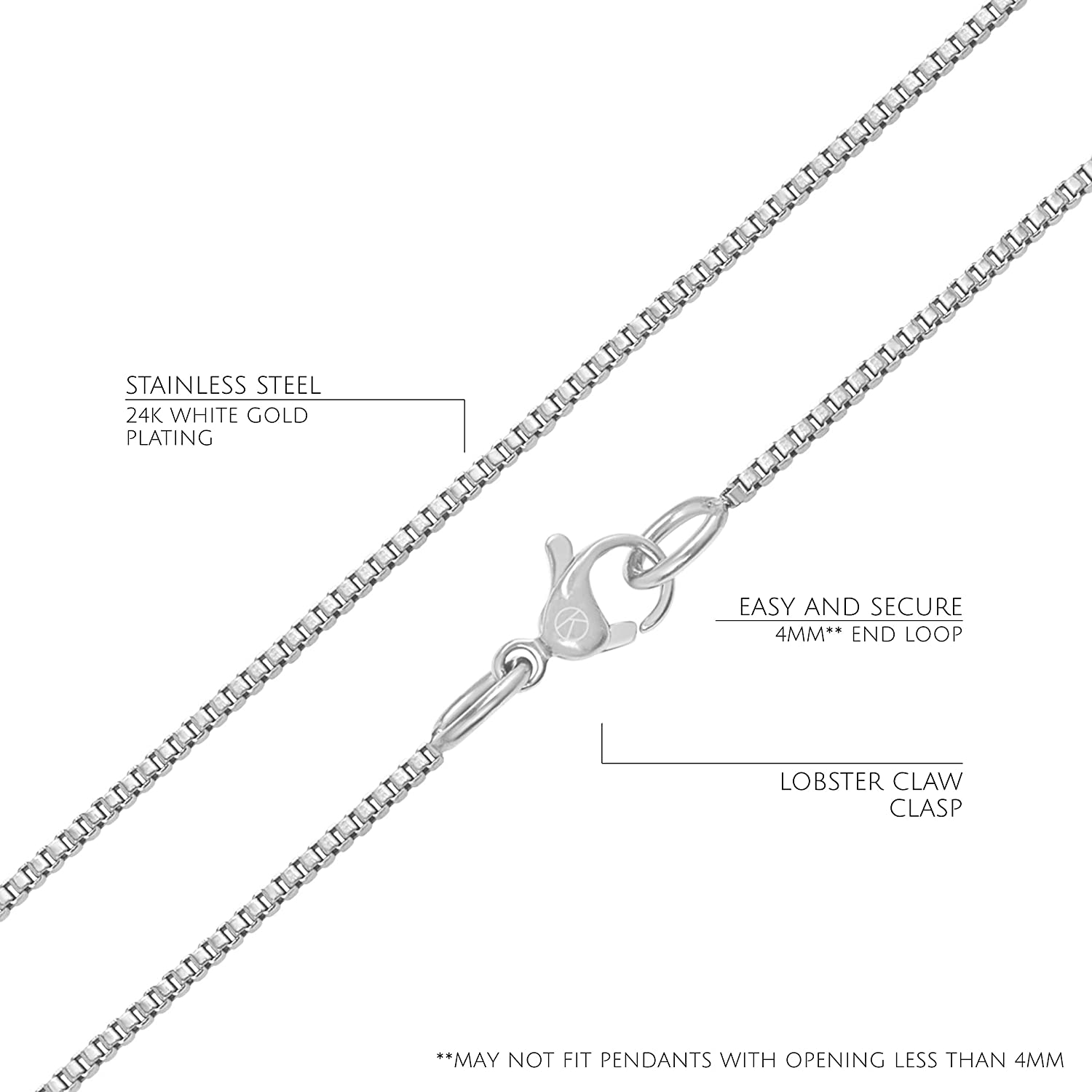 KISPER 24K White Gold over Stainless Steel 1.2 Mm Box Chain Necklace