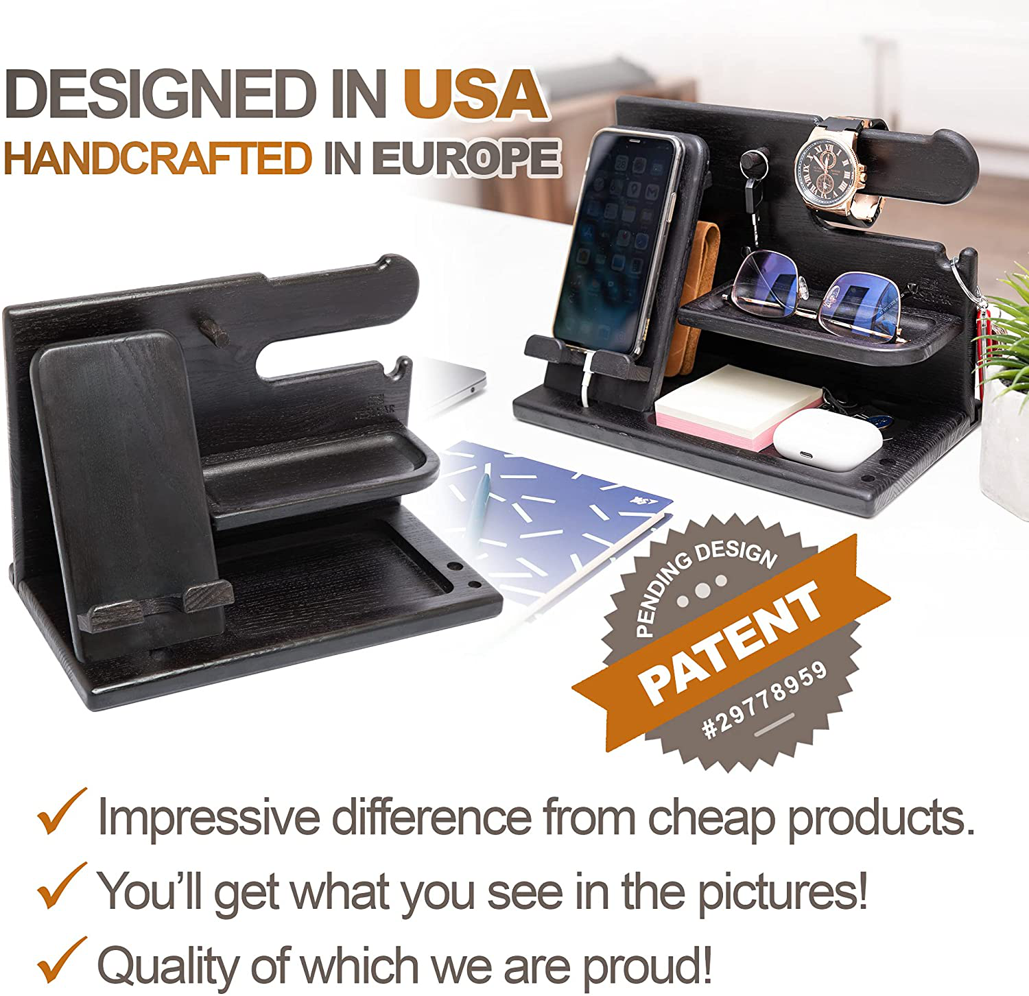 TESLYAR Wood Phone Docking Station Ash Key Holder Wallet Stand Watch Organizer Men Gift Husband Wife Anniversary Dad Birthday Nightstand Purse Father Graduation Male Travel Idea Gadget (Black)