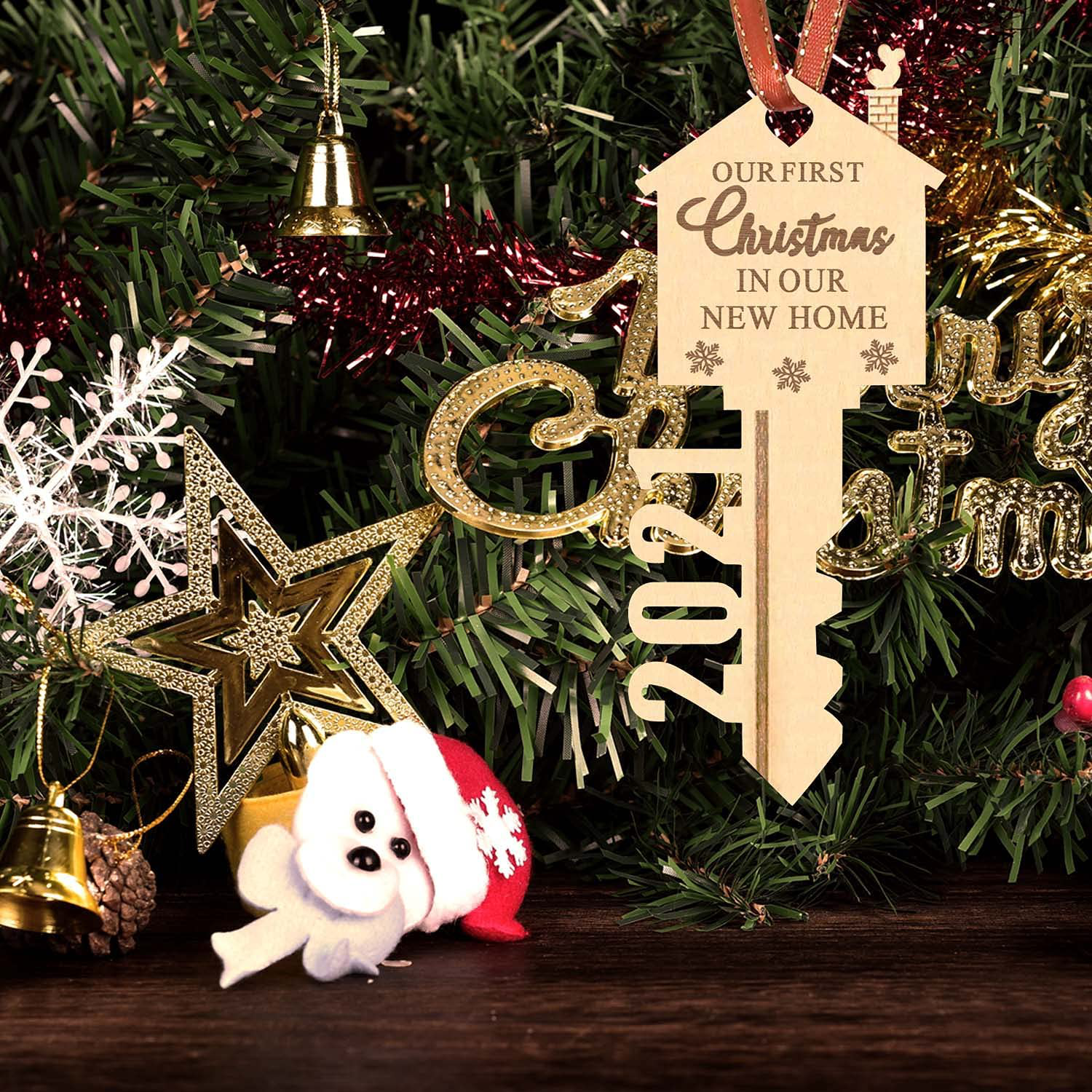 LEJHOME 2021 Our First Christmas in Our New Home Wood Key Christmas Ornament for Housewarming Gift Christmas Tree Holiday Decoration Pack of 2