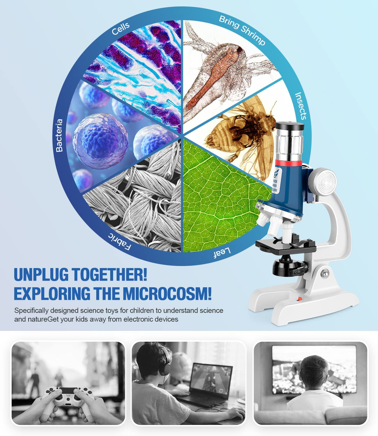 58-Pcs Microscope Kit for Kids 8-12, 100X-1200X Kids Microscope with Metal Body Microscope, Carrying Box, LED Light, Science Experiments Kit Toys for Kids 3-5 5-7 8 9 10 Christmas Birthday Gift 2021