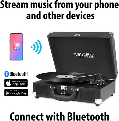 Victrola Vintage 3-Speed Bluetooth Portable Suitcase Record Player with Built-In Speakers | Upgraded Turntable Audio Sound| Includes Extra Stylus | Black, Model Number: VSC-550BT-BK