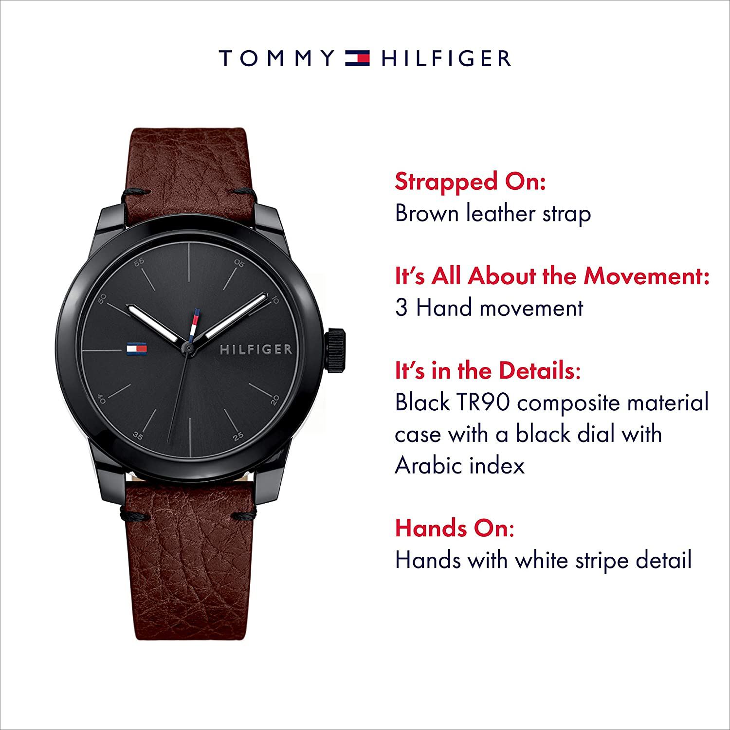 Tommy Hilfiger Men'S Quartz Watch with Leather Calfskin Strap, Brown, 20 (Model: 1791383)