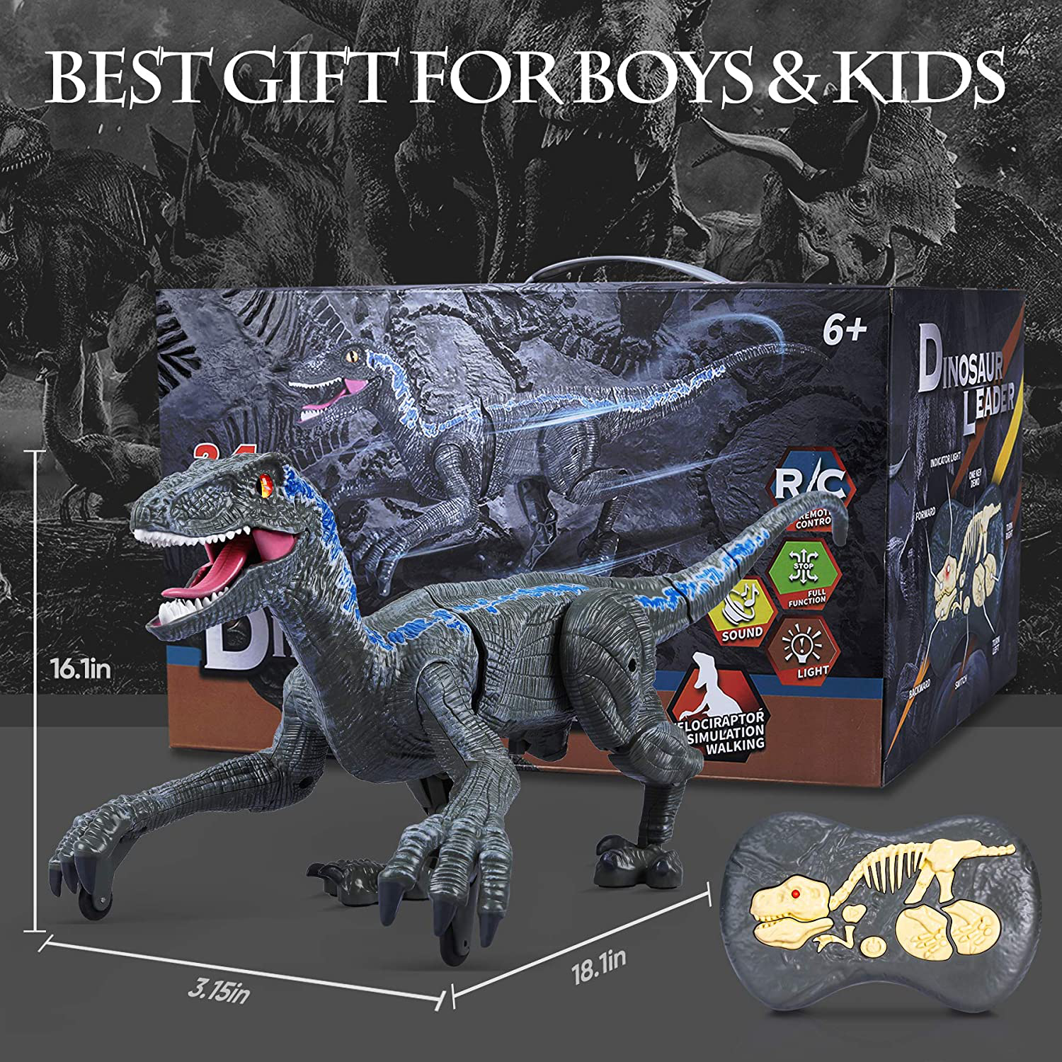 Remote Control Dinosaur for Kids Boys Girls,2.4G Electronic RC Toys Educational Simulation Velociraptor with 3D Eye Shaking Head & Roaring Sounds,Indoor Toys for 3 4 5 6 7 8 9 10 Year Old Gifts (Gray)