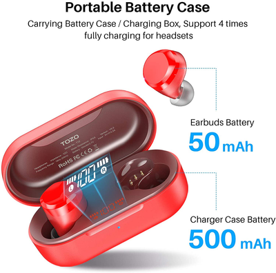 TOZO T12 Wireless Earbuds Bluetooth Headphones Premium Fidelity Sound Quality Wireless Charging Case Digital LED Intelligence Display IPX8 Waterproof Earphones Built-In Mic Headset for Sport Red