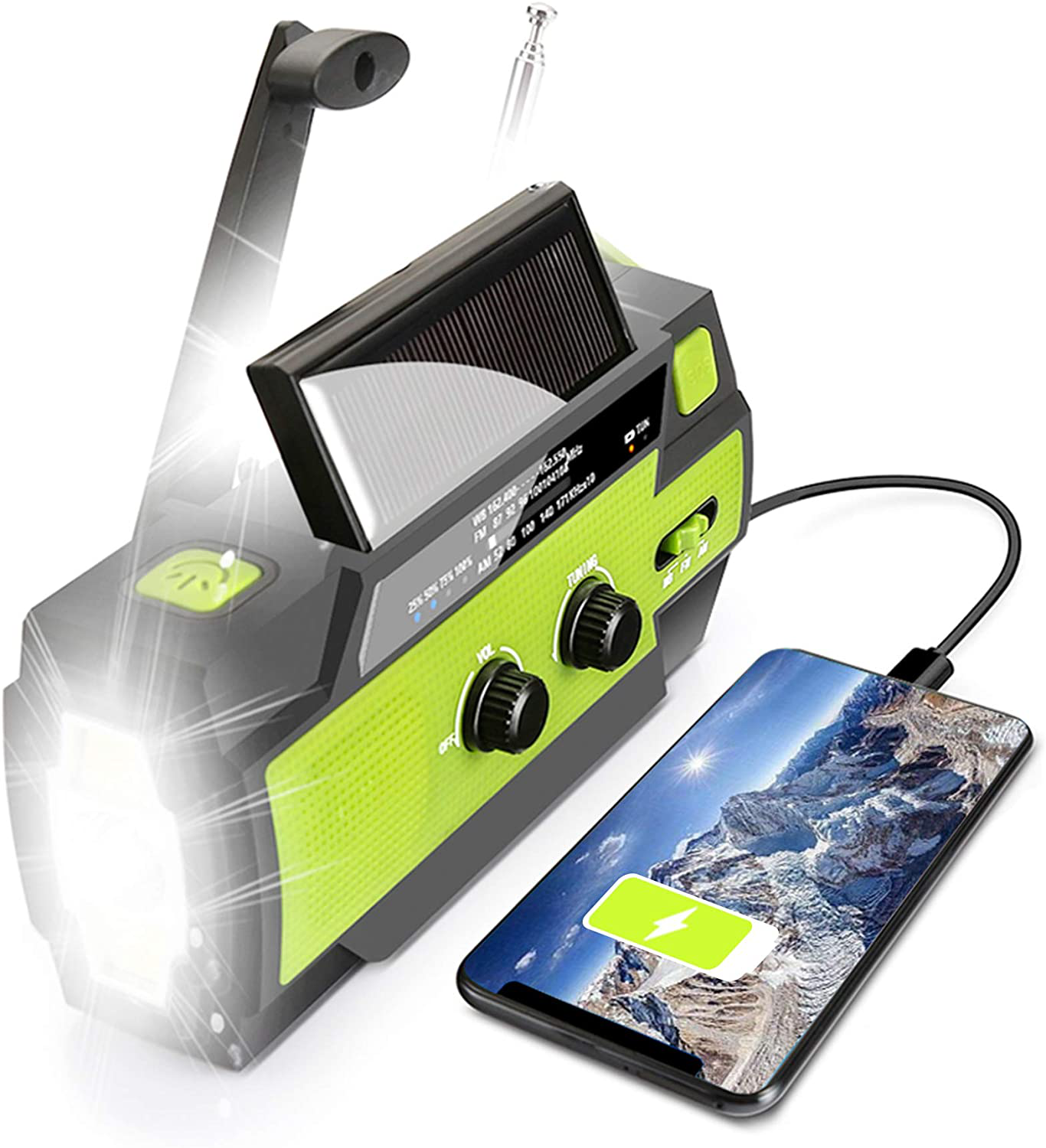 【2021 Newest】 Emergency Solar Hand Crank Portable Weather Radio, with AM FM NOAA, 3 LED Flashlights, Motion Sensor, Reading Lamp, SOS Alarm, 4000Mah Rechargeable Battery USB Charger (Green)