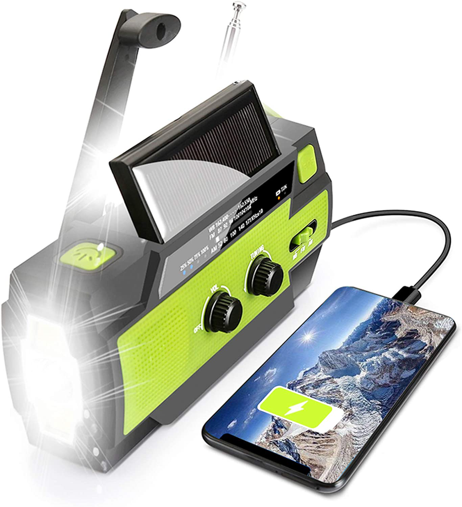 【2021 Newest】 Emergency Solar Hand Crank Portable Weather Radio, with AM FM NOAA, 3 LED Flashlights, Motion Sensor, Reading Lamp, SOS Alarm, 4000Mah Rechargeable Battery USB Charger (Green)