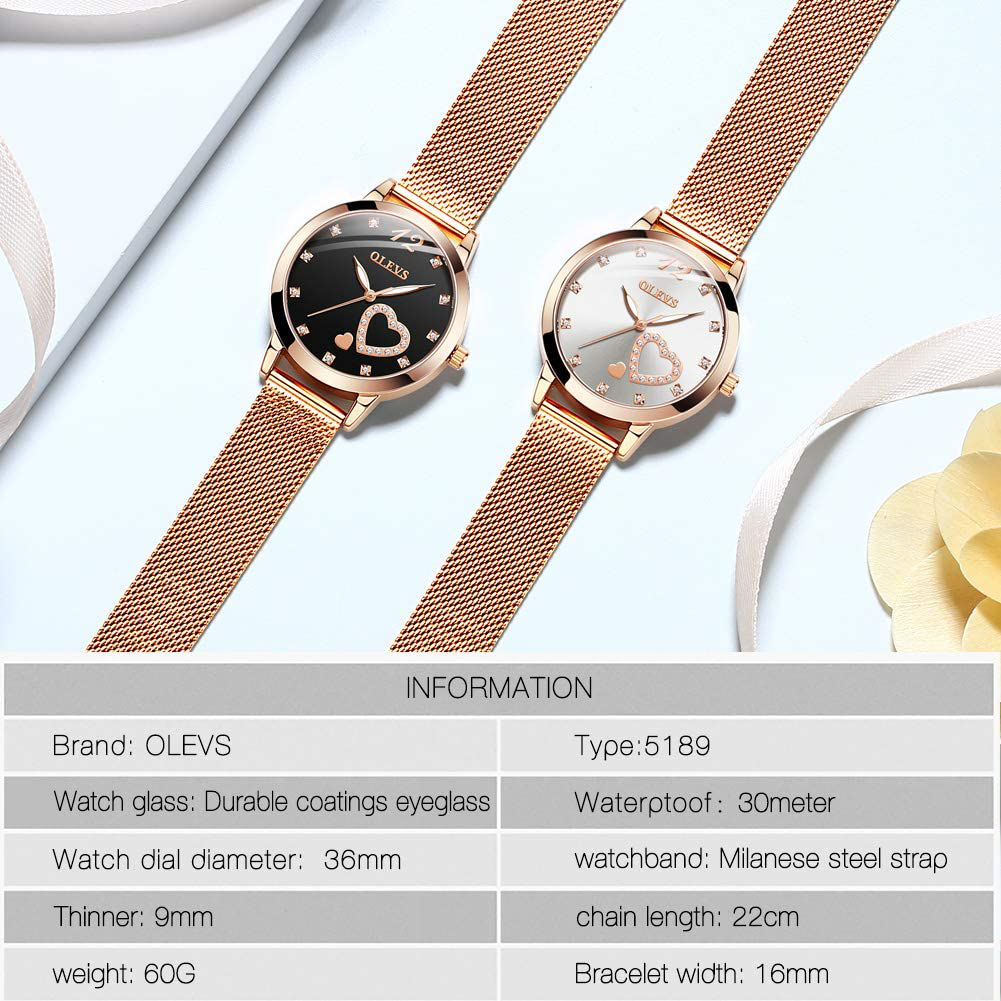 OLEVS Women'S Rose Gold Watches Heart Diamond Japanese Quartz Movement Girls Ladies Wristwatch Big Face Waterproof Mesh Belt Watch and Bracelet Set Valentines Day Gifts