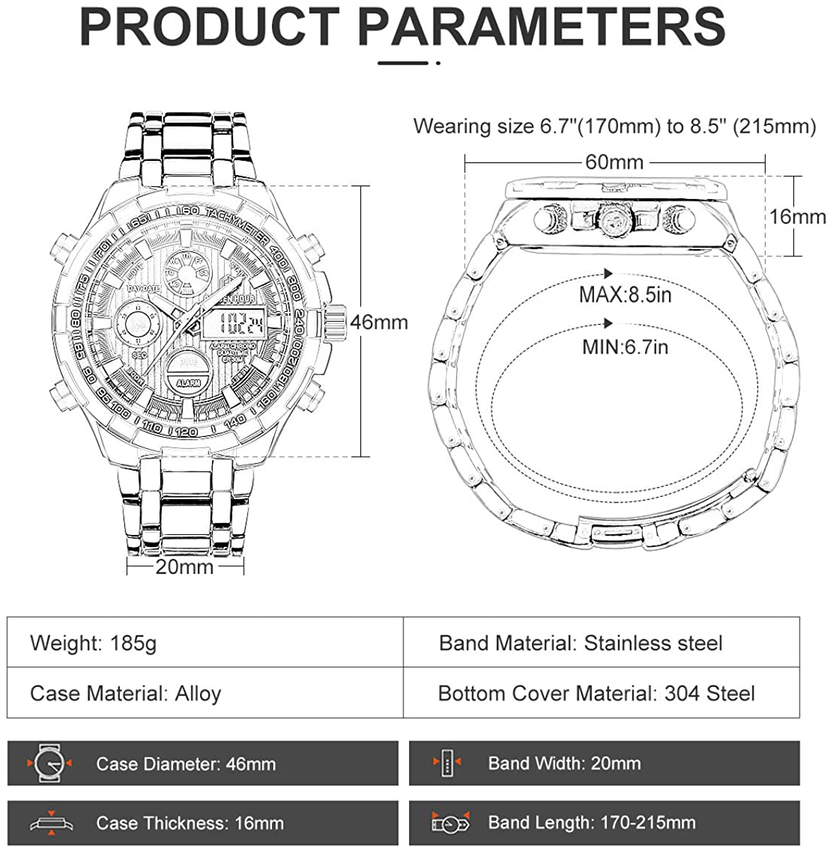 GOLDEN HOUR Luxury Stainless Steel Analog Digital Watches for Men Male Outdoor Sport Waterproof Big Heavy Wristwatch