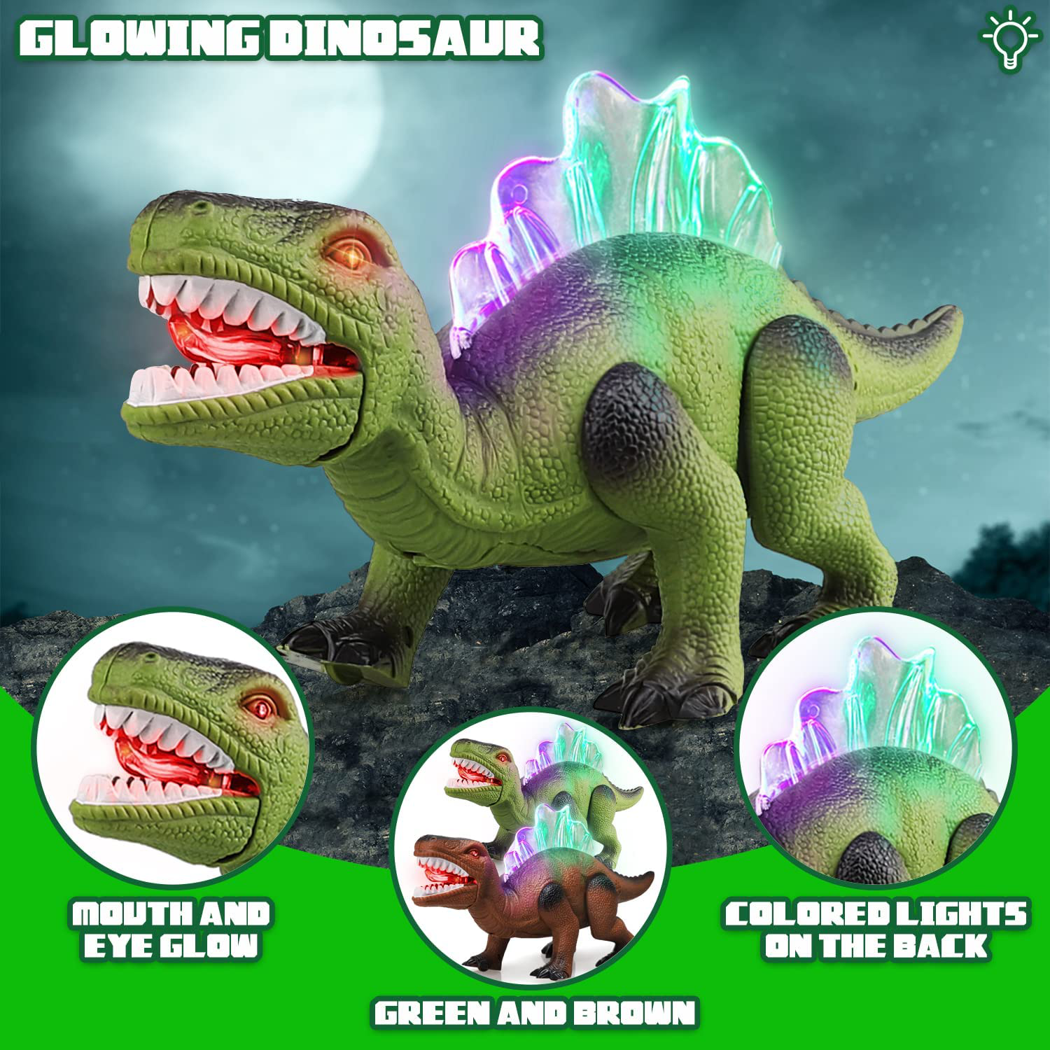 STEAM Life 2 Pack Walking Dinosaur Toys for Kids Green & Brown with 12 Pcs Mini Dinosaur Figures Mouth Moves Roars and Lights up - Electronic Dino Toys Dinosaur Toys for Boys and Girls