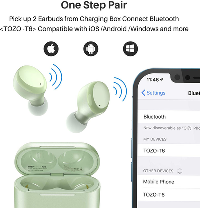 TOZO T6 True Wireless Earbuds Bluetooth Headphones Touch Control with Wireless Charging Case IPX8 Waterproof Stereo Earphones In-Ear Built-In Mic Headset Premium Deep Bass for Sport Green