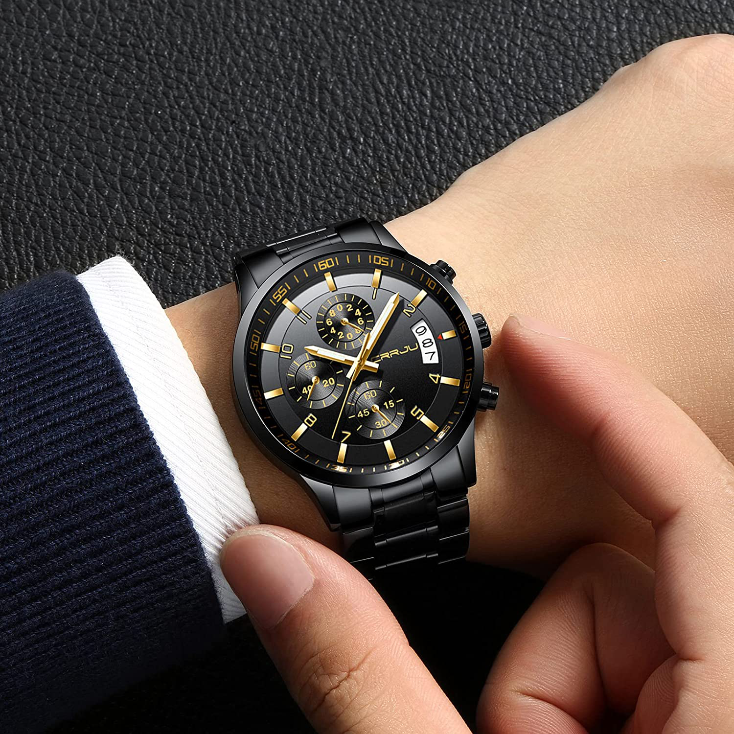 CRRJU Men'S Fashion Stainless Steel Watches Date Waterproof Chronograph Wristwatches,Stainsteel Steel Band Waterproof Watch