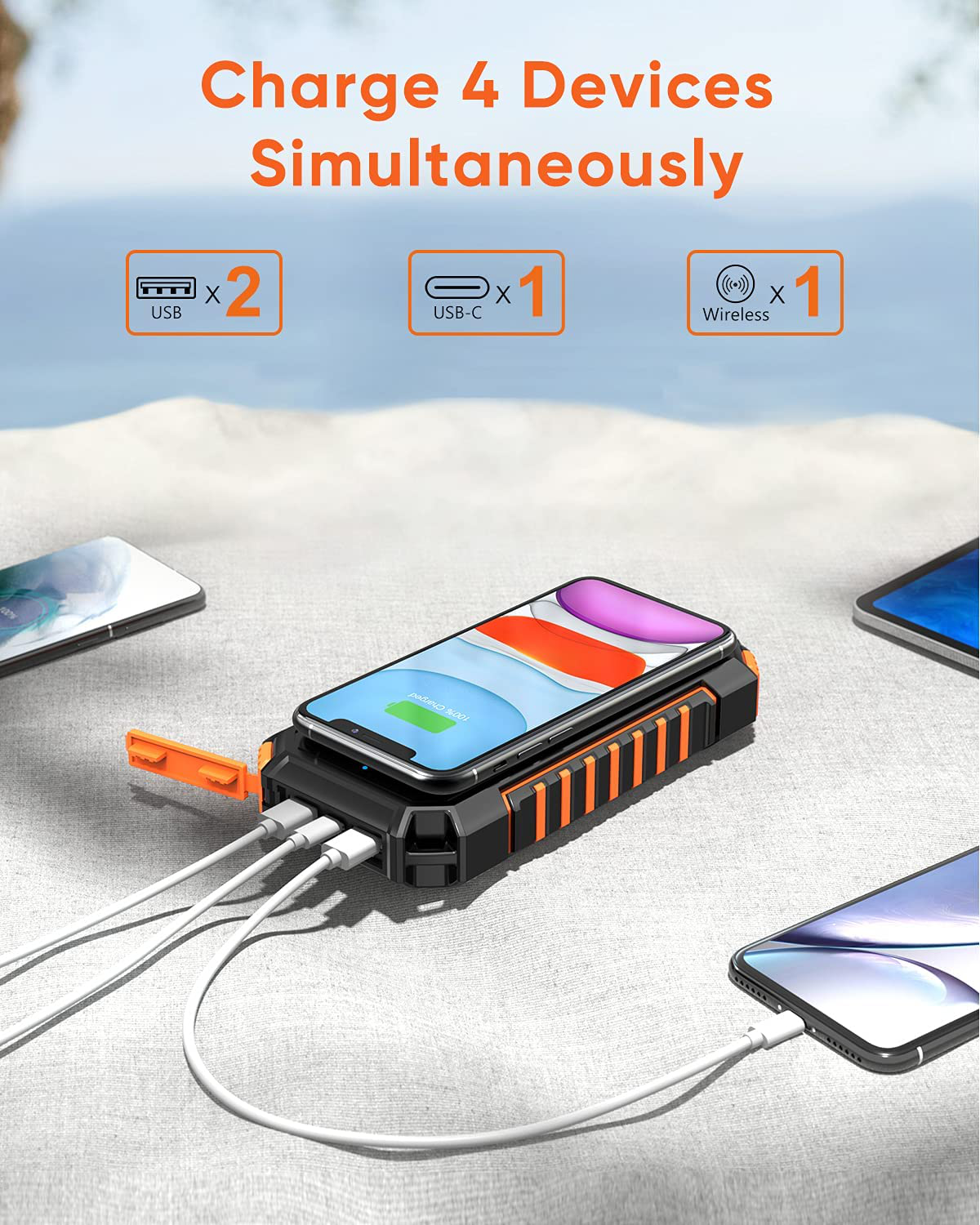 Solar Charger Power Bank 26800mAh 4 Outputs USB  Quick Charge Qi Wireless Portable Charger with LED Flashlight for Iphone, Tablet, Samsung and Outdoor Camping