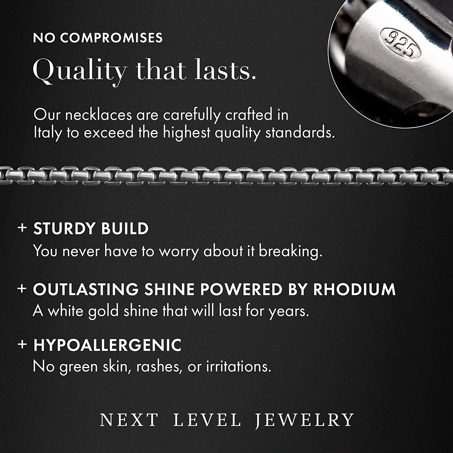 Genuine Solid Sterling Silver round Box Link .925 Rhodium Heavy-Duty Necklace Chains 1MM - 5MM, 16" - 30", Silver Chain for Men & Women, Made in Italy, Next Level Jewelry