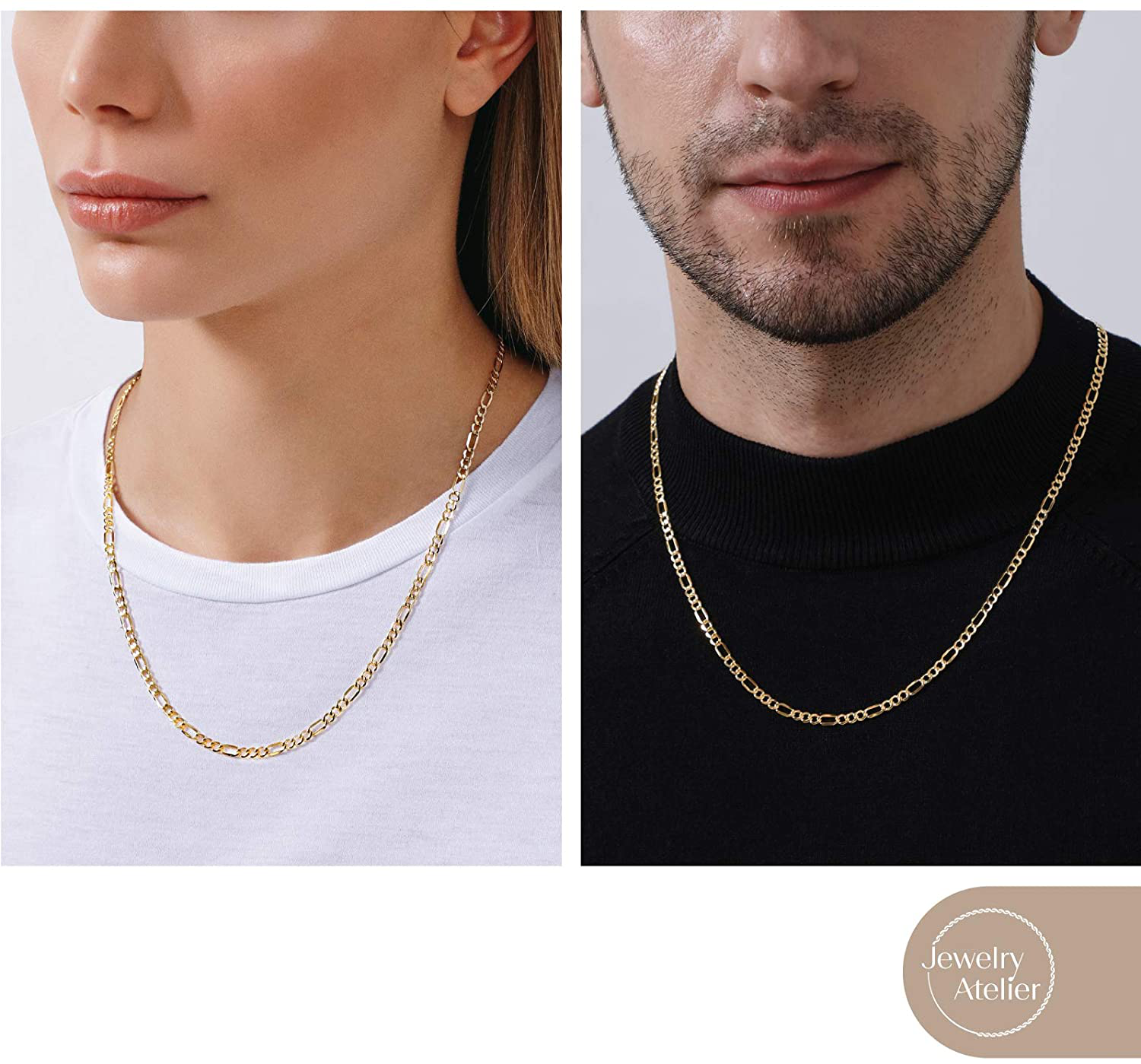 Jewelry Atelier Gold Chain Necklace Collection - 14K Solid Yellow Gold Filled Figaro Chain Necklaces for Women and Men with Different Sizes (2.8Mm, 3.7Mm, 4.7Mm, 5.6Mm)
