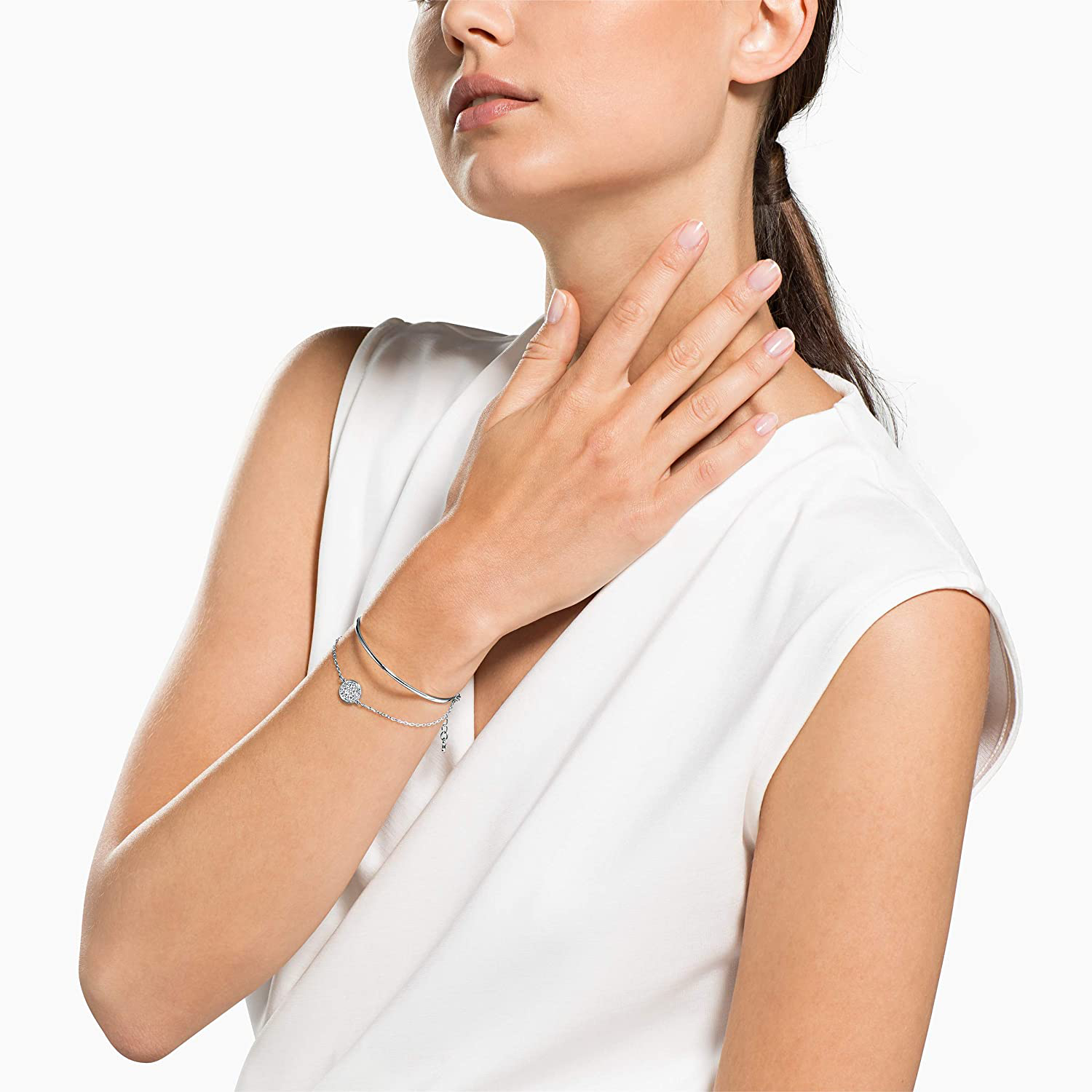 Swarovski Ginger Collection Women'S Bangle Bracelet, Sparkling White Crystals with Rhodium Plated Band and Chain