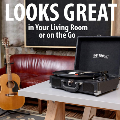 Victrola Vintage 3-Speed Bluetooth Portable Suitcase Record Player with Built-In Speakers | Upgraded Turntable Audio Sound| Includes Extra Stylus | Black, Model Number: VSC-550BT-BK