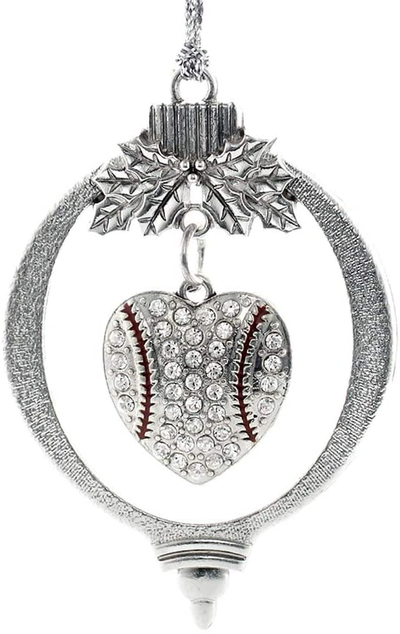 Inspired Silver - Baseball Heart Charm Ornament - Silver Customized Charm Holiday Ornaments with Cubic Zirconia Jewelry