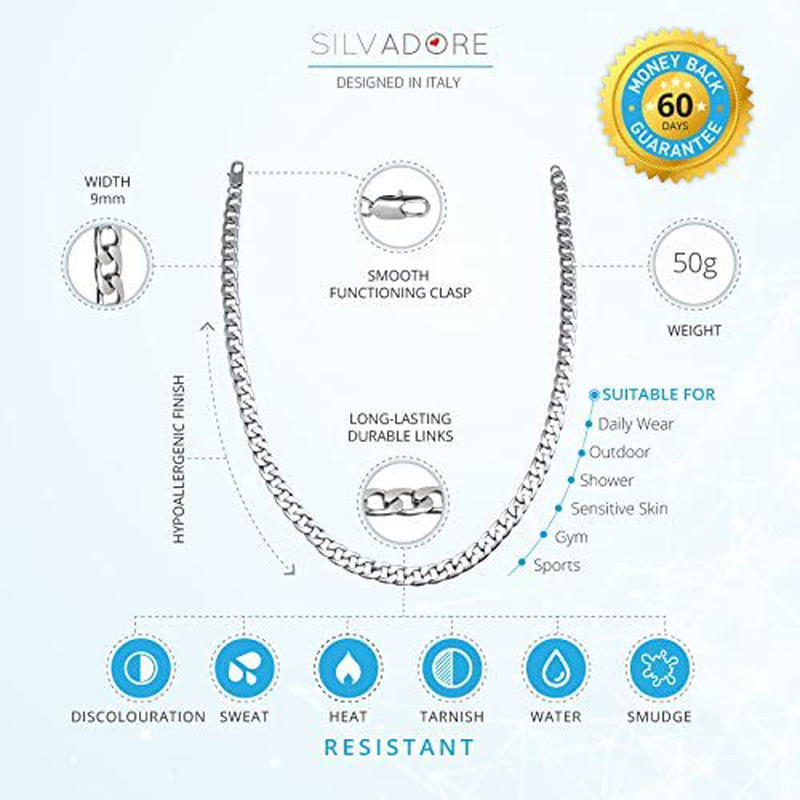 Silvadore 9Mm Curb Mens Necklace - Silver Chain Flat Cuban Stainless Steel Jewelry - Neck Link Chains for Men Man Boys Male Heavy Military - 18 20 22 24 Inch