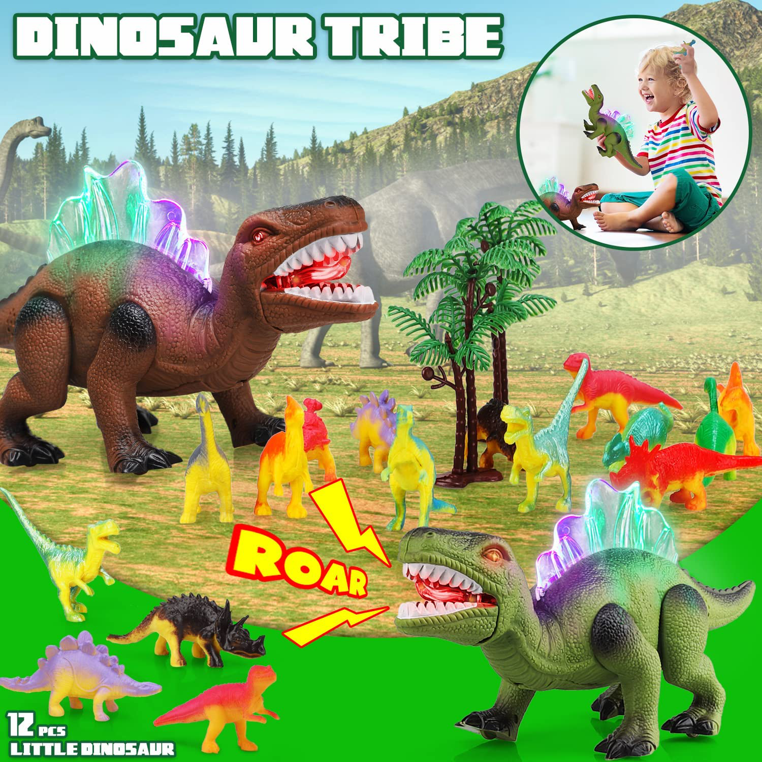 STEAM Life 2 Pack Walking Dinosaur Toys for Kids Green & Brown with 12 Pcs Mini Dinosaur Figures Mouth Moves Roars and Lights up - Electronic Dino Toys Dinosaur Toys for Boys and Girls