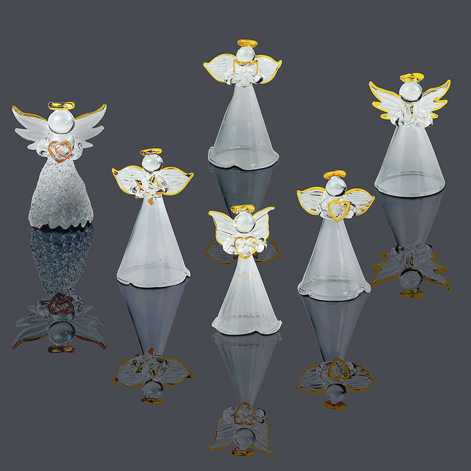 4E'S Novelty Glass Angel Ornaments for Christmas Tree (Set of 12) Assortment of 6 Designs - 2.5 Inch Clear Spun Glass Religious Angel