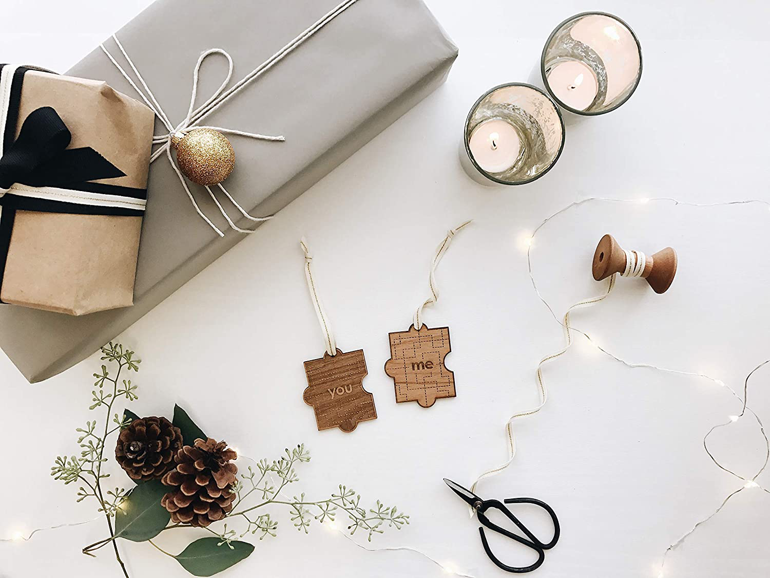 You & Me Pair Puzzle Piece Laser Cut Wood Ornaments - Comes with 2 [Christmas, Holiday, Love, Anniversary, Personalized Gifts, Custom Message, Stocking Stuffers]