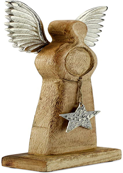 Auldhome Wooden Angel Christmas Statue; Farmhouse Holiday Decor Wood and Metal Figurine