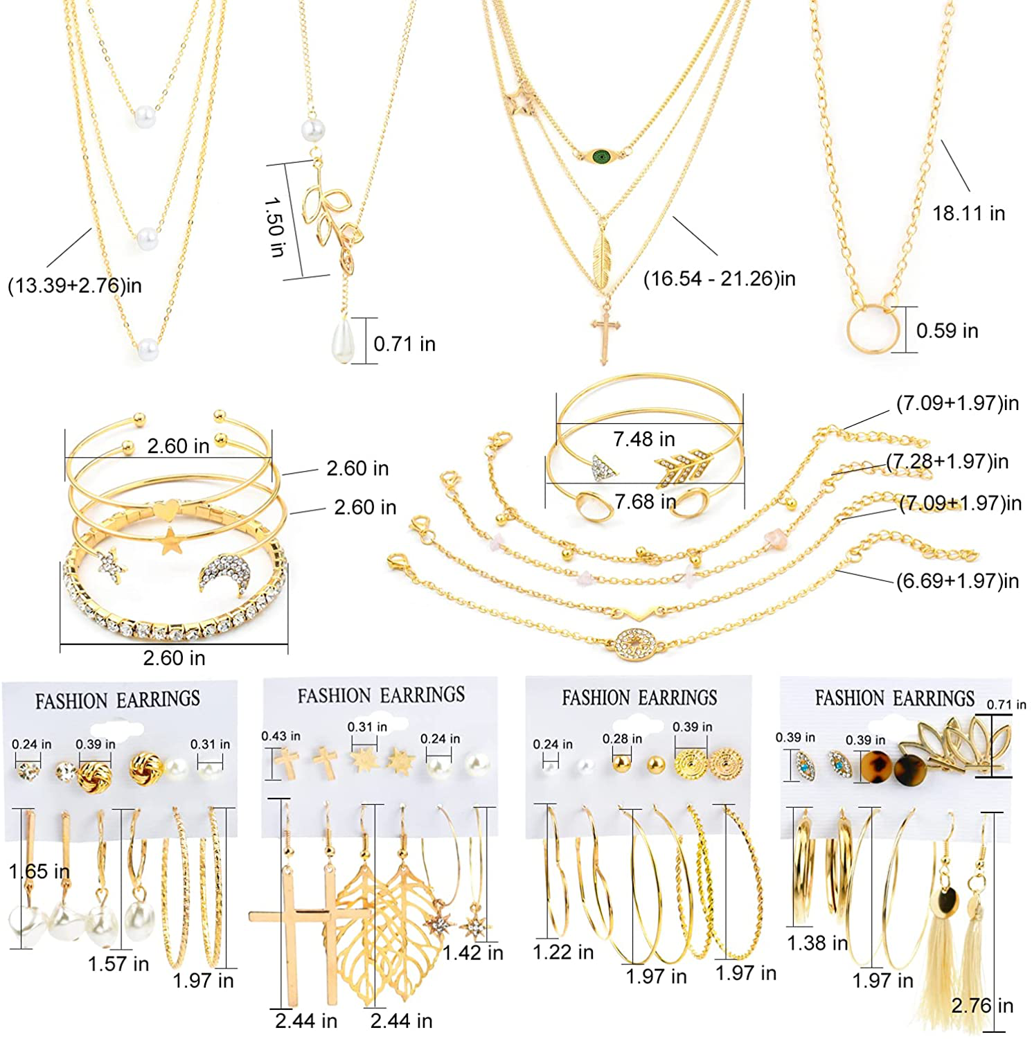 AROIC 38 PCS Gold Jewelry Set with 4 PCS Necklace,10 PCS Bracelet,24 PCS Layered Ball Dangle Hoop Stud Earrings for Women Girls Jewelry Fashion and Valentine Birthday Party Gift
