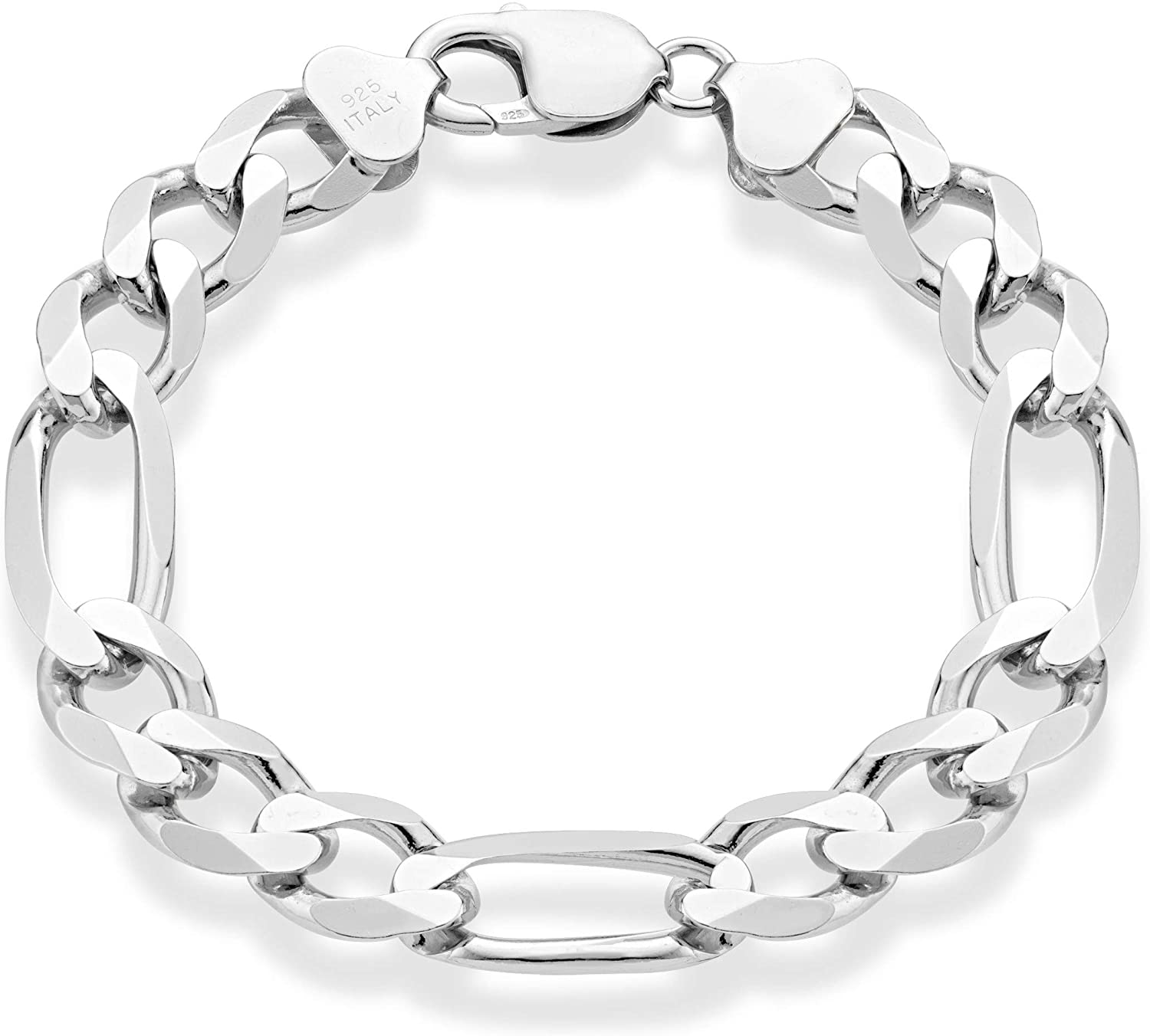 Miabella 925 Sterling Silver Italian 11Mm Solid Diamond-Cut Figaro Link Chain Bracelet for Men 7.5, 8, 9 Inch Made in Italy