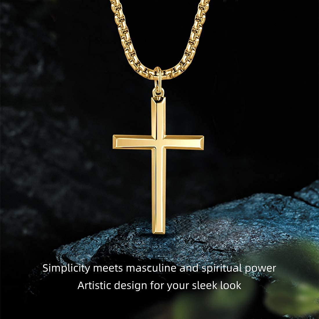FANCIME Yellow/White Gold Plated 925 Solid Sterling Silver Polished Big Beveled Edge Men'S Crucifix Cross Pendant Long Necklace Fine Jewelry for Men Boys, with Strong Stainless Steel Box Chain Length 24 Inch