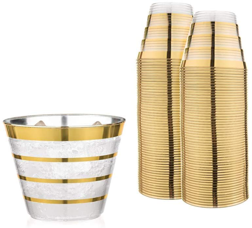 Perfect Settings 110 Premium Gold Rimmed (4 Ring) Clear Plastic Disposable Party Cups 9 Ounce Holiday Gathering or Wedding Party Elegant Disposable Cups