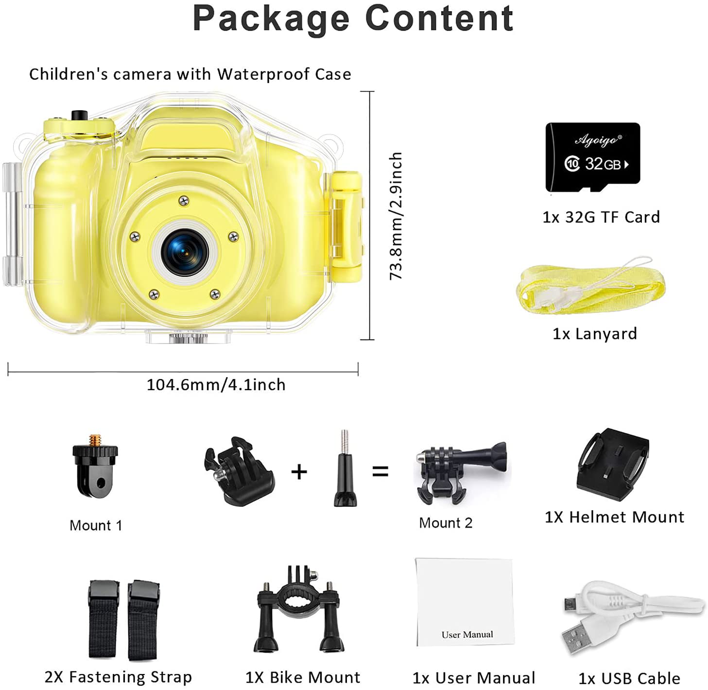 Agoigo Kids Waterproof Camera Toys for 3-12 Year Old Boys Girls Christmas Birthday Gifts HD Children'S Digital Action Camera Child Underwater Sports Camera 2Inch Screen with 32GB Card (Yellow)