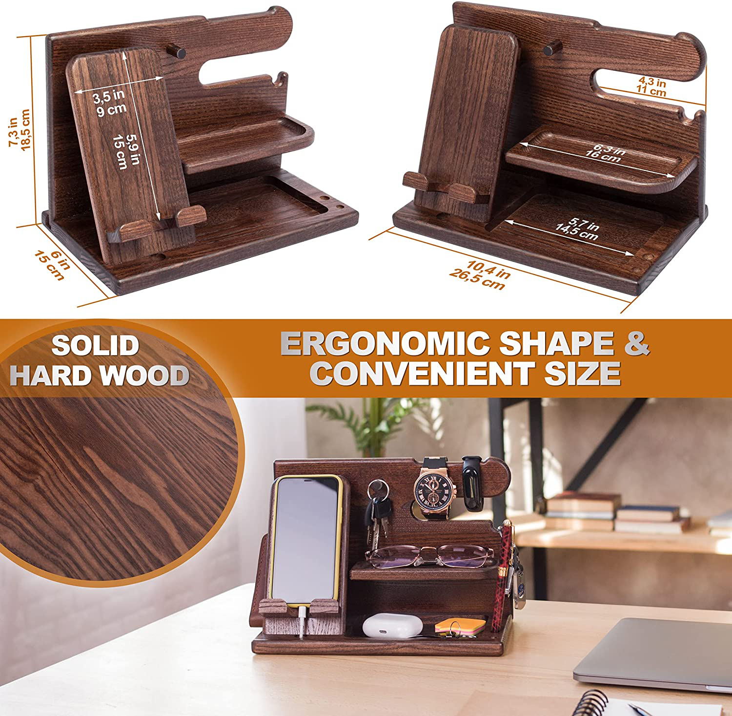 TESLYAR Wood Phone Docking Station Ash Key Holder Wallet Stand Watch Organizer Men Gift Husband Wife Anniversary Dad Birthday Nightstand Purse Father Graduation Male Travel Idea Gadgets