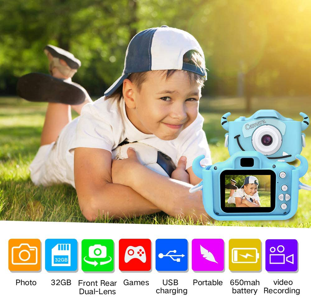 Goopow Kids Camera Toys for 3-8 Year Old Boys,Children Digital Video Camcorder Camera with Cartoon Soft Silicone Cover, Best Chritmas Birthday Festival Gift for Kids - 32G SD Card Included(Light Blue)