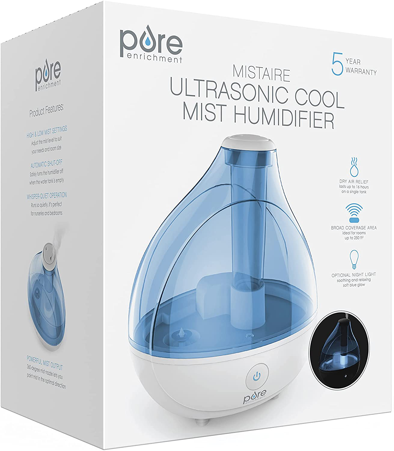 Pure Enrichment® Mistaire™ Ultrasonic Cool Mist Humidifier - Premium Unit Lasts up to 25 Hours with Whisper-Quiet Operation, Automatic Shut-Off, Night Light Function, and Bpa-Free