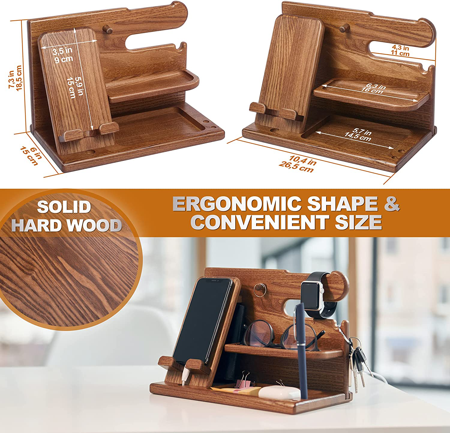 TESLYAR Wood Phone Docking Station Ash Key Holder Wallet Stand Watch Organizer Men Gift Husband Wife Anniversary Dad Birthday Nightstand Purse Father Graduation Male Travel Idea Gadgets