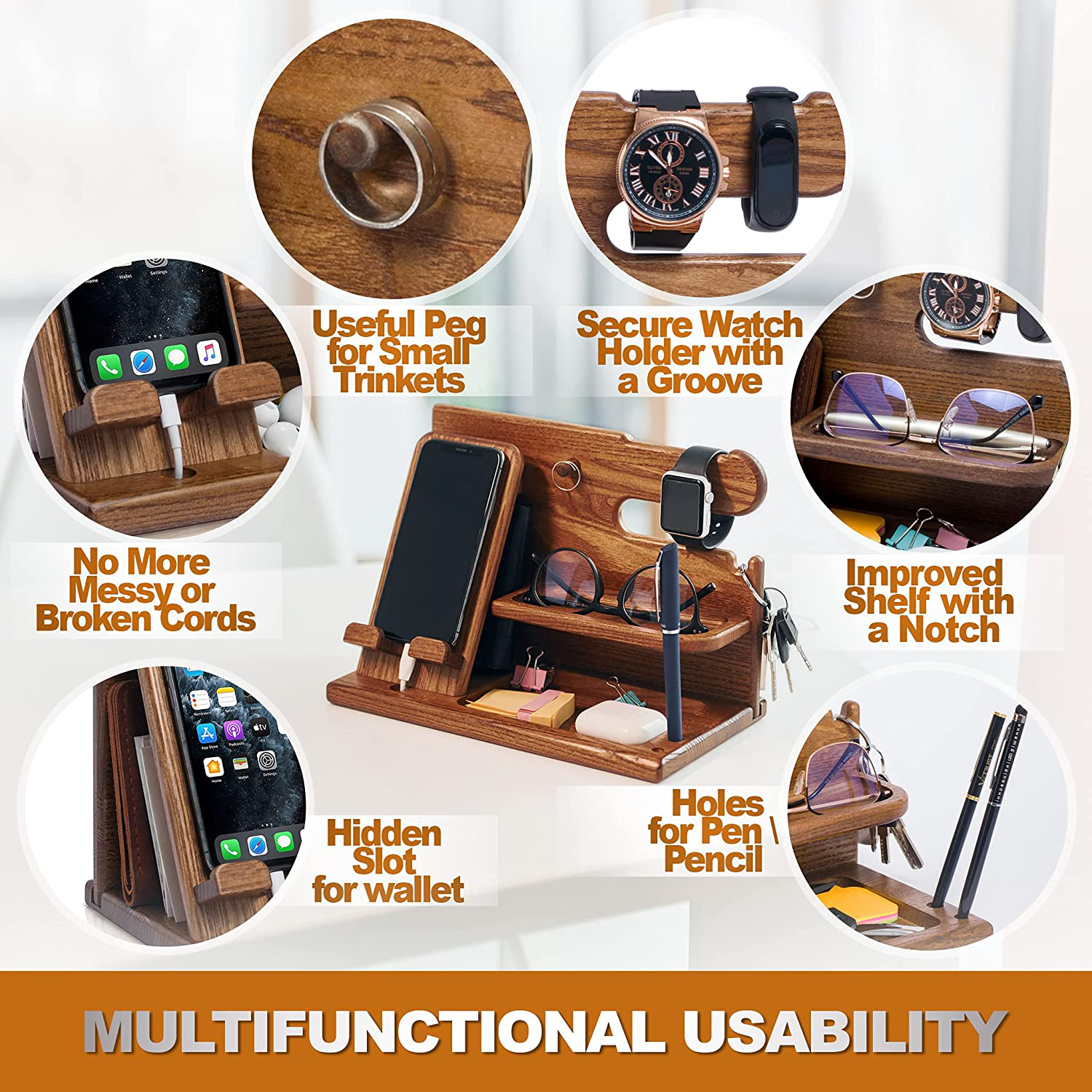TESLYAR Wood Phone Docking Station Ash Key Holder Wallet Stand Watch Organizer Men Gift Husband Wife Anniversary Dad Birthday Nightstand Purse Father Graduation Male Travel Idea Gadgets