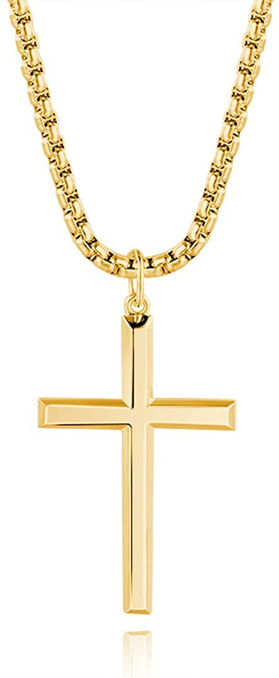 FANCIME Yellow/White Gold Plated 925 Solid Sterling Silver Polished Big Beveled Edge Men'S Crucifix Cross Pendant Long Necklace Fine Jewelry for Men Boys, with Strong Stainless Steel Box Chain Length 24 Inch