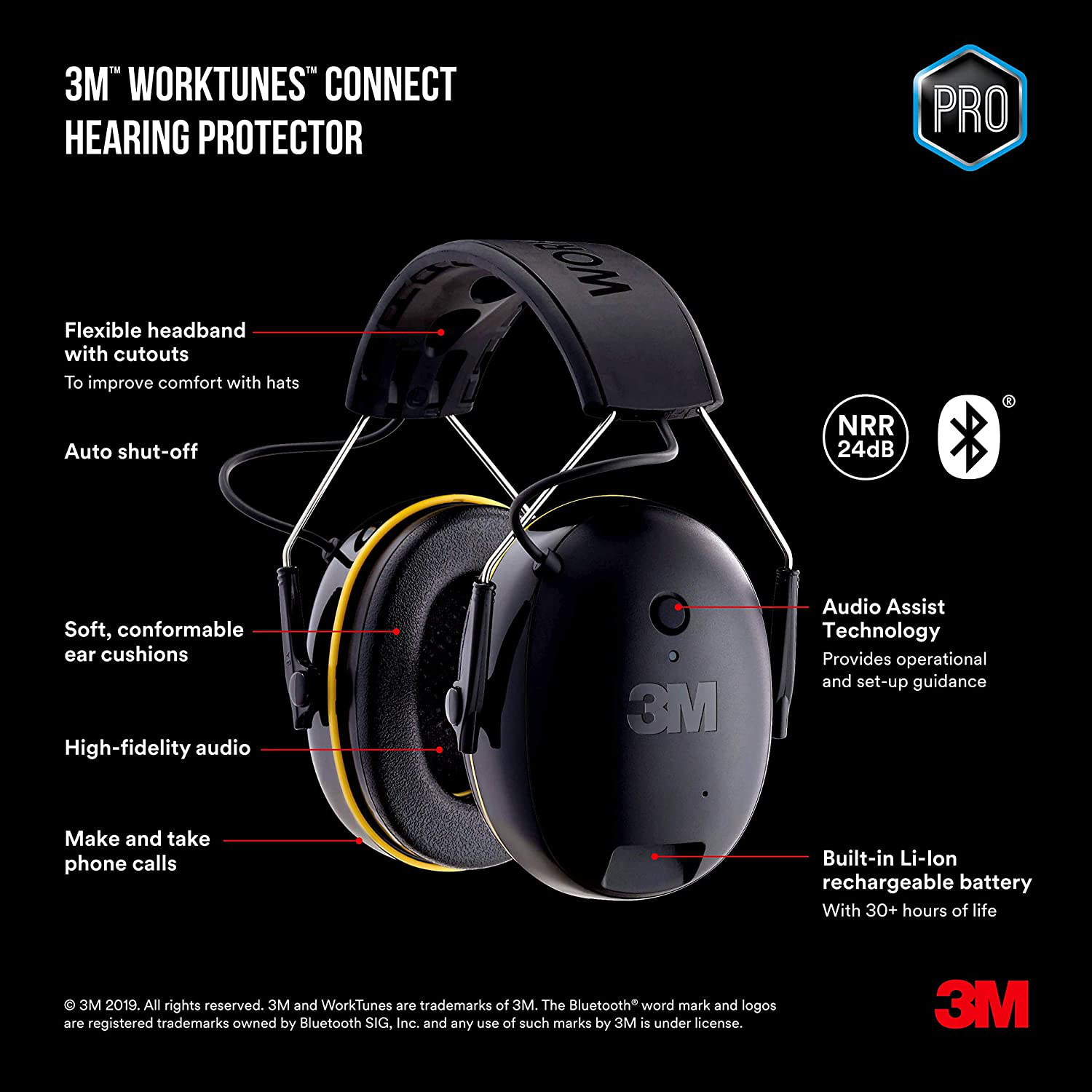 3M Worktunes Connect Hearing Protector with Bluetooth Technology, 24 Db NRR, Ear Protection for Mowing, Snowblowing, Construction, Work Shops
