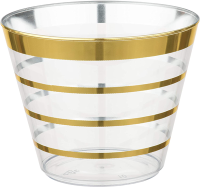 Perfect Settings 110 Premium Gold Rimmed (4 Ring) Clear Plastic Disposable Party Cups 9 Ounce Holiday Gathering or Wedding Party Elegant Disposable Cups