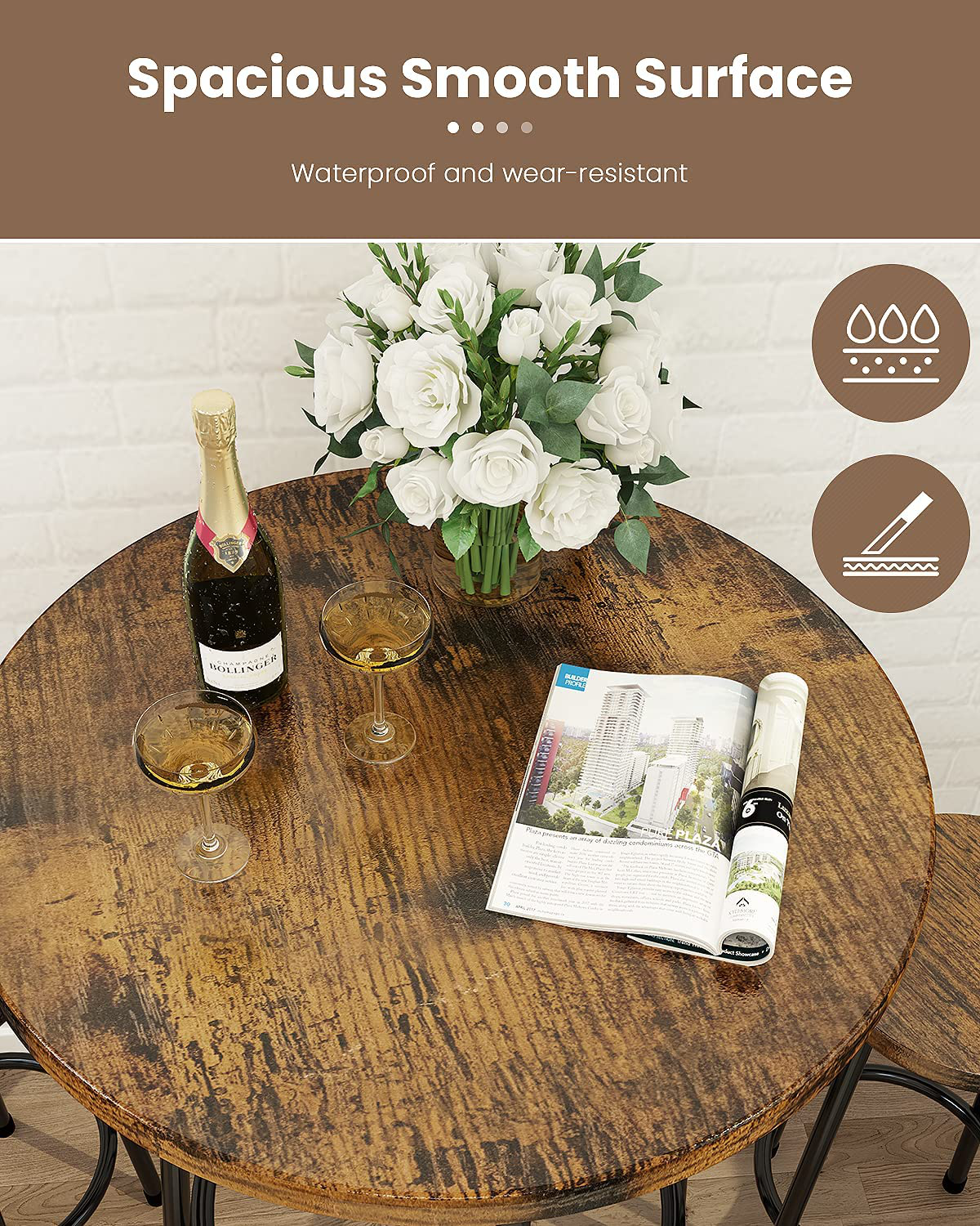 Recaceik 3 Piece Pub Dining Set, Modern round Bar Table and Stools for 2 Kitchen Counter Height Wood Top Bistro Easy Assemble for Breakfast Nook Living Room Small Space Restaurant, Rustic Brown 23