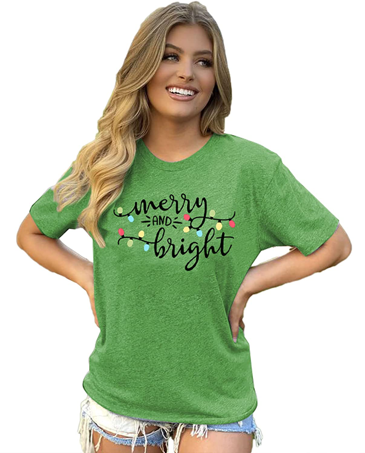 DUTUT Merry and Bright Christmas Lights T-Shirts Women Xmas Graphic Print Shirts Holiday Short Sleeve Tops Tees