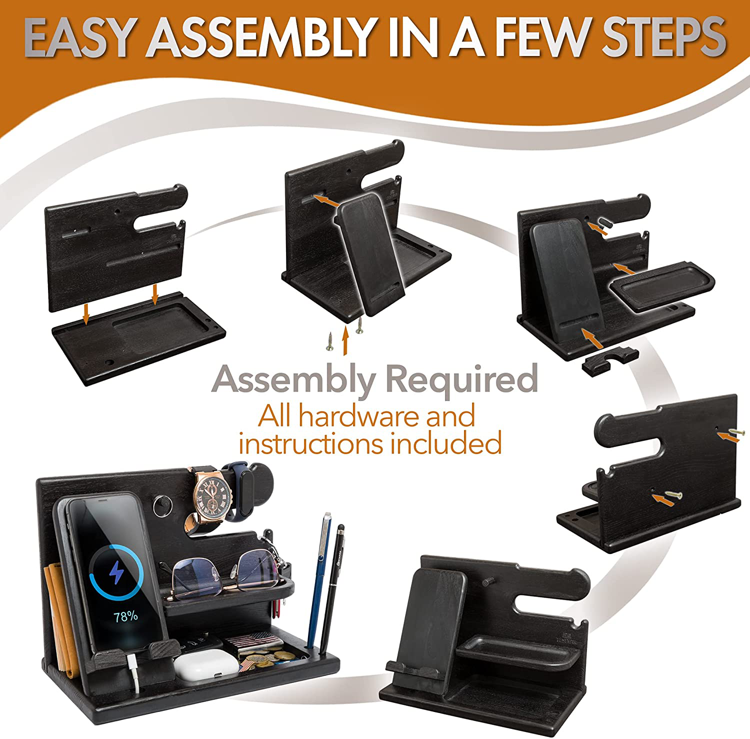 TESLYAR Wood Phone Docking Station Ash Key Holder Wallet Stand Watch Organizer Men Gift Husband Wife Anniversary Dad Birthday Nightstand Purse Father Graduation Male Travel Idea Gadget (Black)